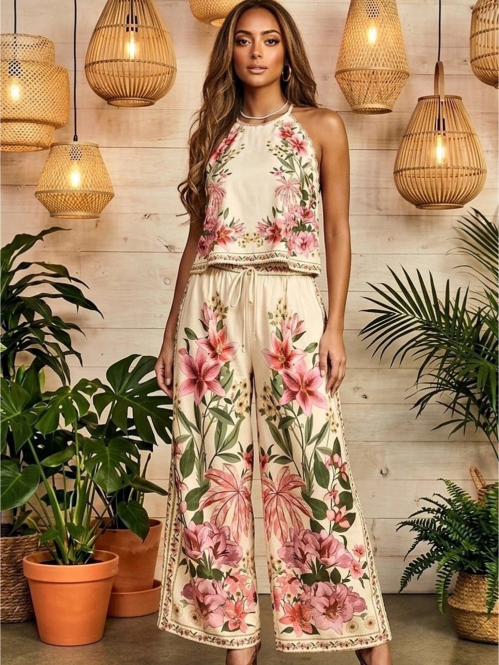 2 Pc Wide Leg Tropical Vacay Blouse& Pants